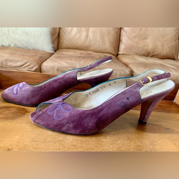 SALVATORE FERRAGAMO Purple Suede Sling Back Heels - Picture 8 of 9